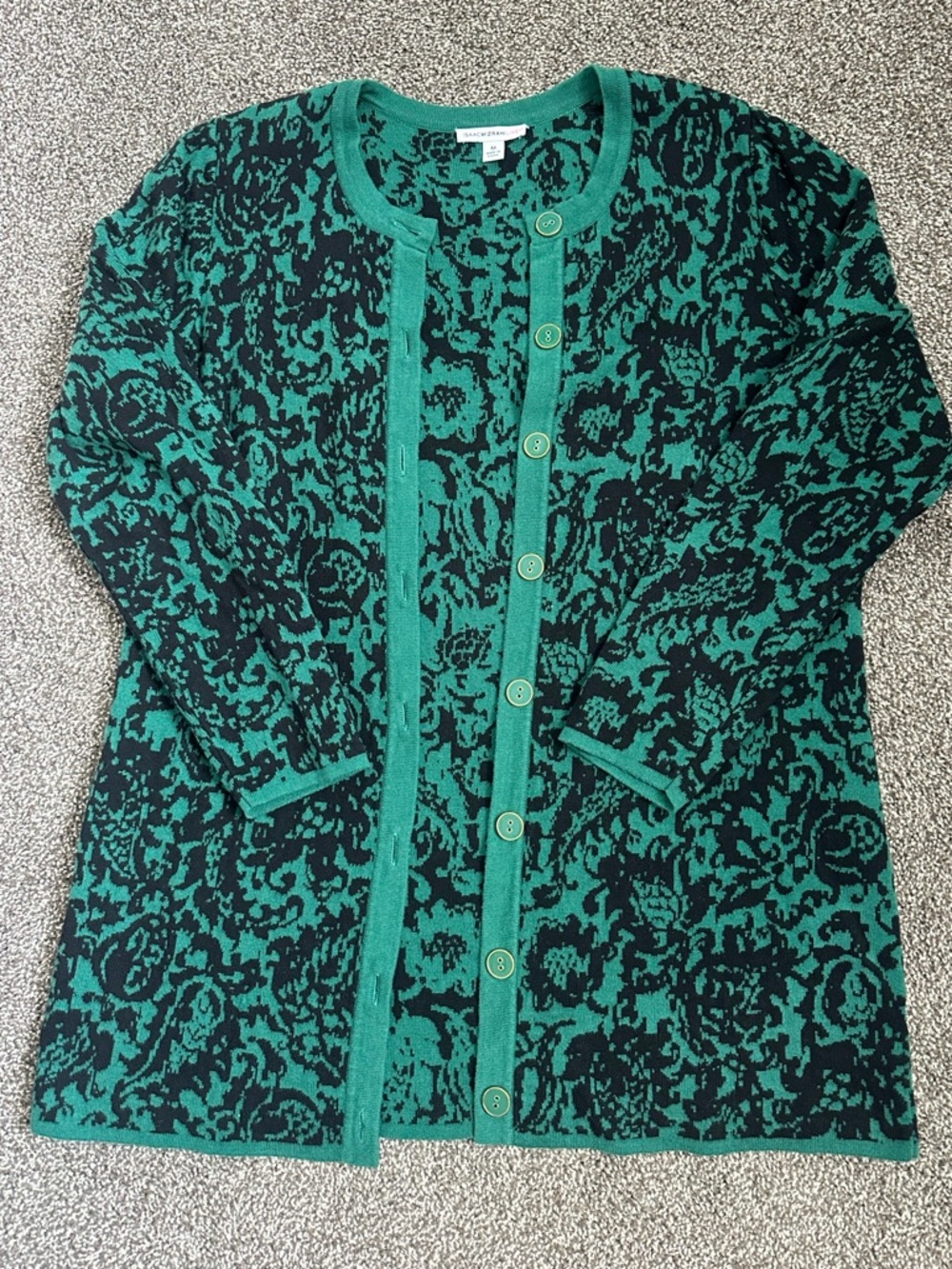 Isaac Mizrahi Green and Black Floral Jacquard Button Cardigan